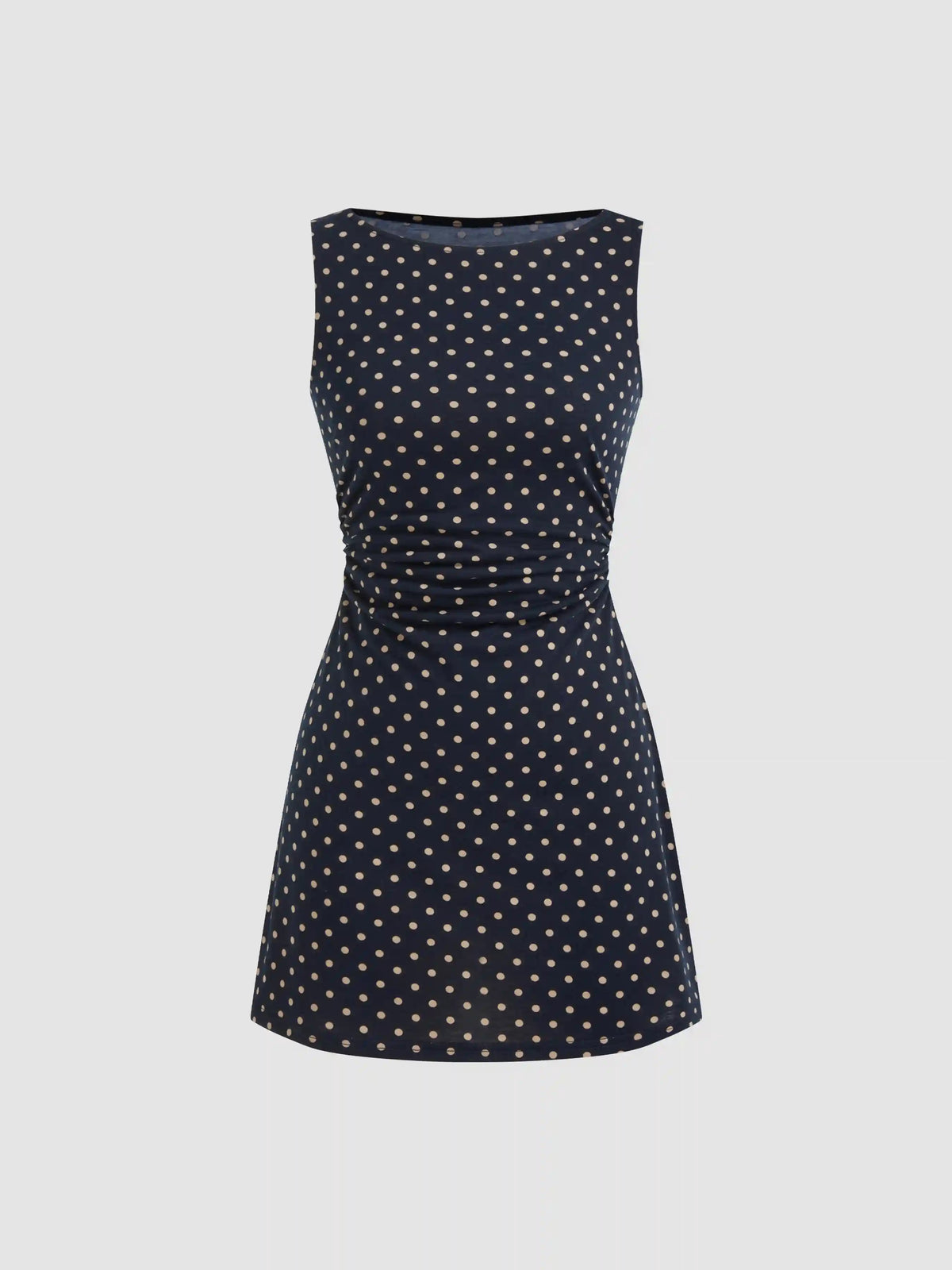 Boat Neck Polka Dot Ruched Mini Dress
