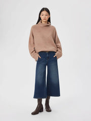 Stretch Denim High Rise Wide Leg Cropped Jeans With Metal Button
