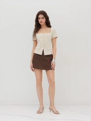 Linen-blend Button Split Short Sleeve Top