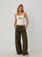 Pointelle Cat Graphic U-neckline Lace Trim Bowknot Cami Top