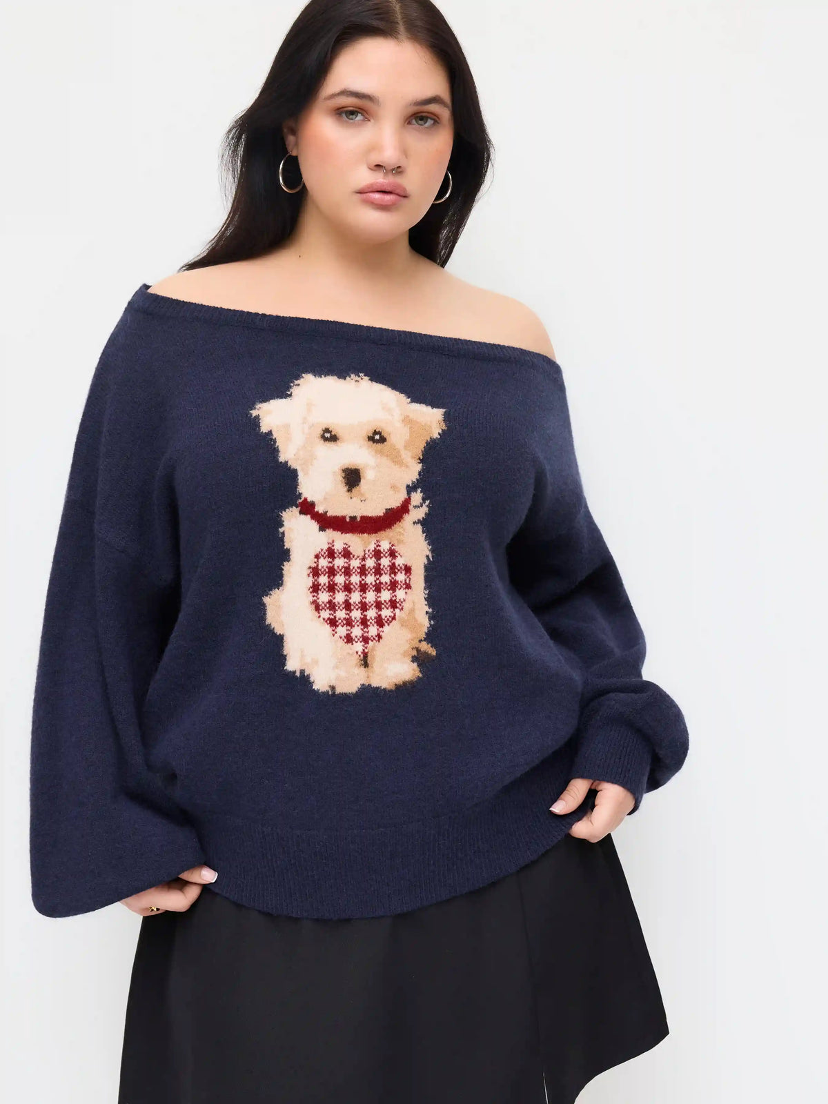 Knit Asymmetrical Neck Puppy Pattern Lantern Sleeve Sweater Curve & Plus