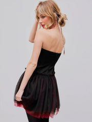 Contrasting Binding Bowknot Tulle Tube Mini Dress