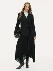 Notched Collar Tie Pleated Blazer Maxi Dress