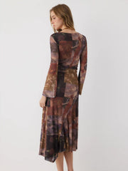 Mesh V-neck Floral Asymmetrical Hem Twist Maxi Dress