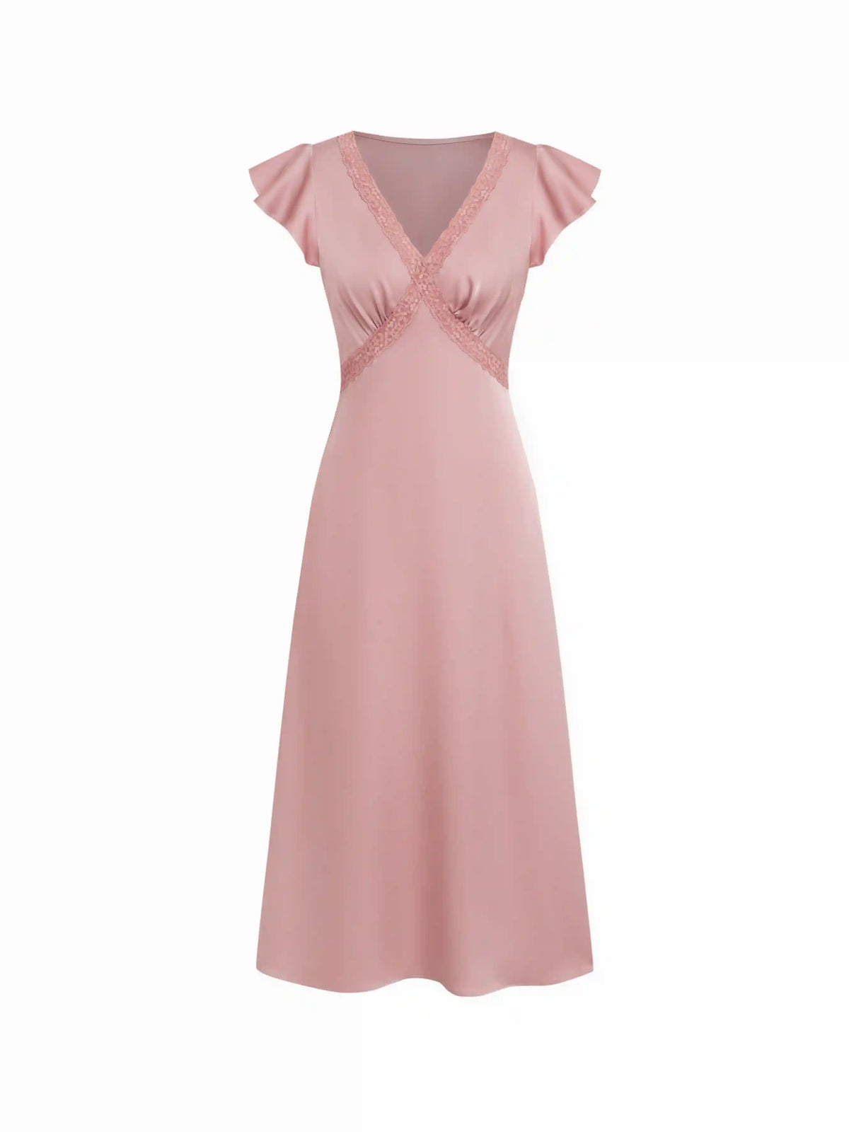 Satin V-neck Ruffle Sleeve Lace Panel Slip Maxi Dress