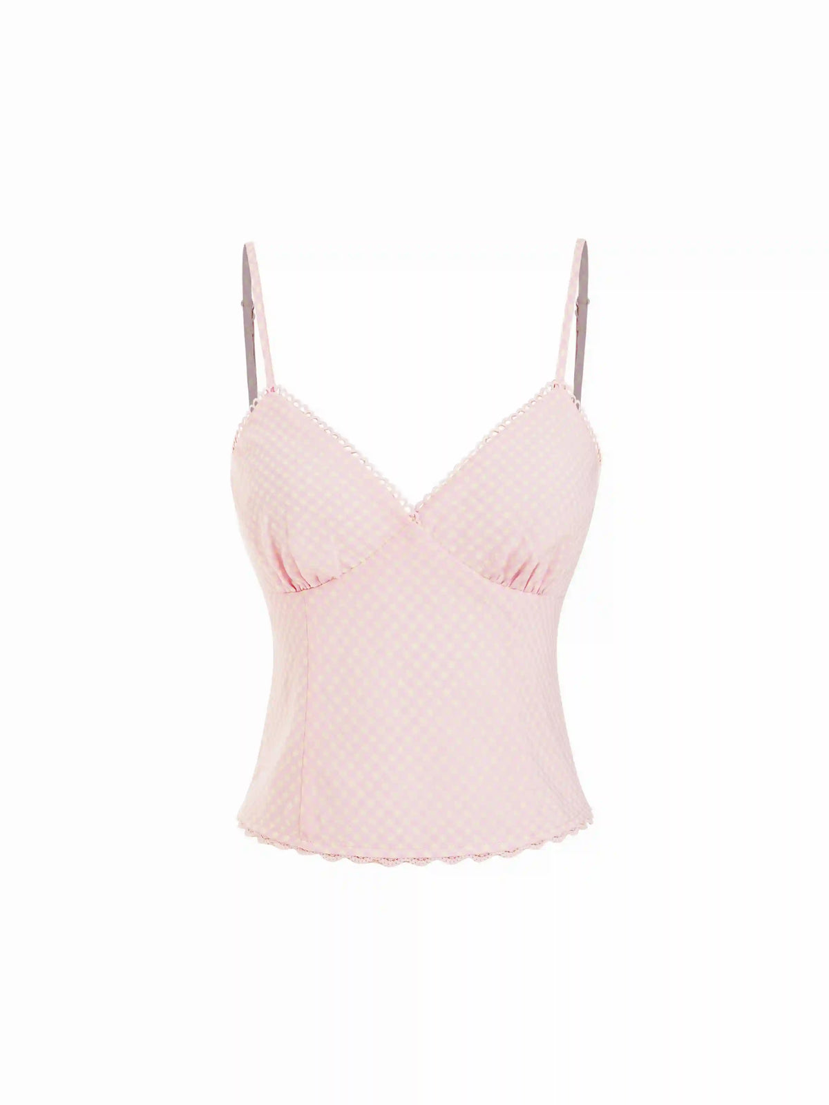 Cotton-blend Gingham Sweetheart Shirred Lace Trim Cami Top
