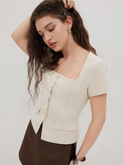 Linen-blend Button Split Short Sleeve Top