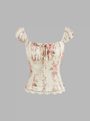 Floral Lace Trim Ruched Knotted Tank Top
