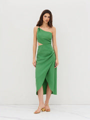 Linen-blend Asymmetrical Neck Solid Metal Detail Cut Out Ruched Midi Dress