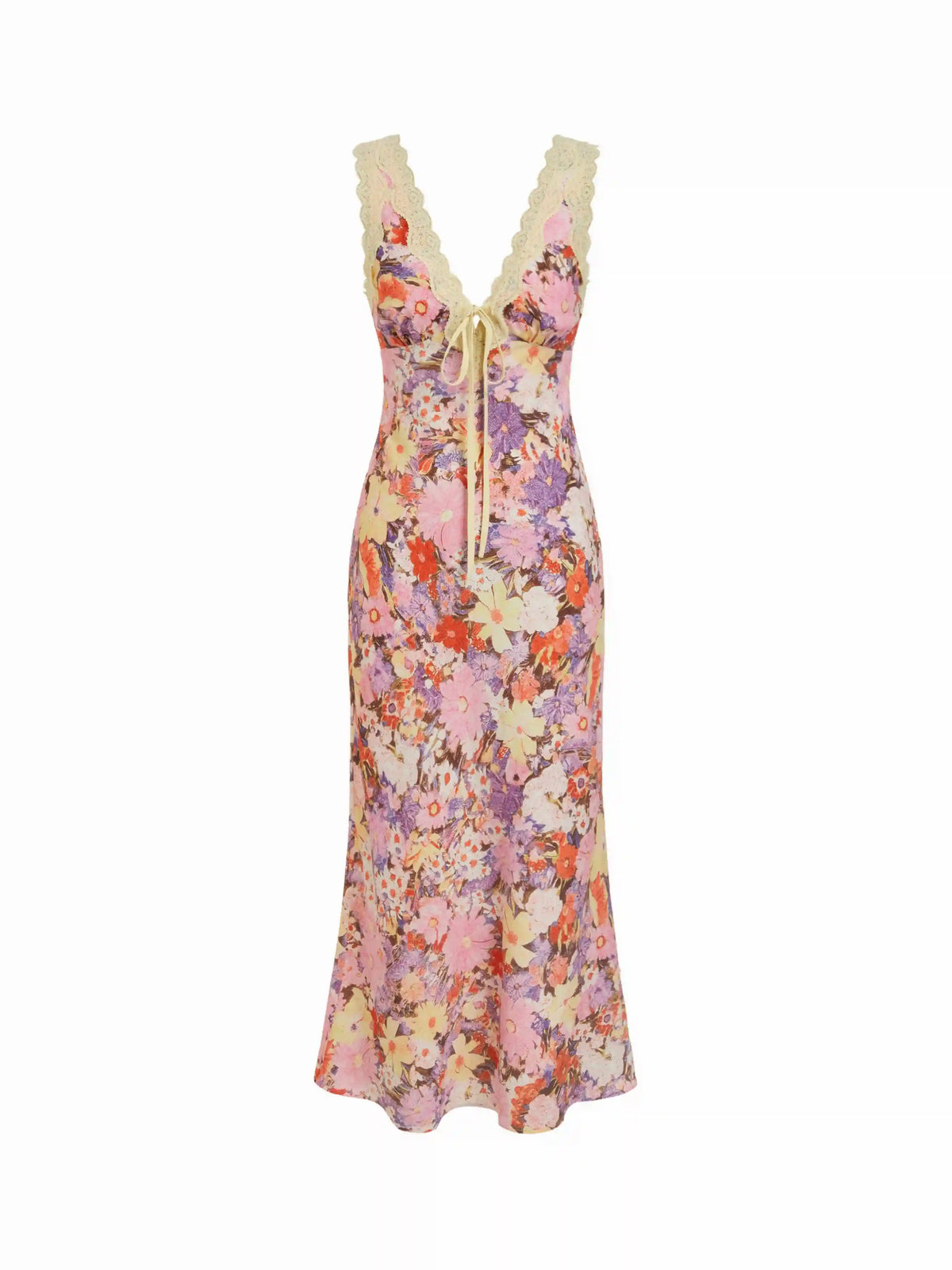 Floral V-neck Lace Trim Tie Front Mermaid Maxi Dress