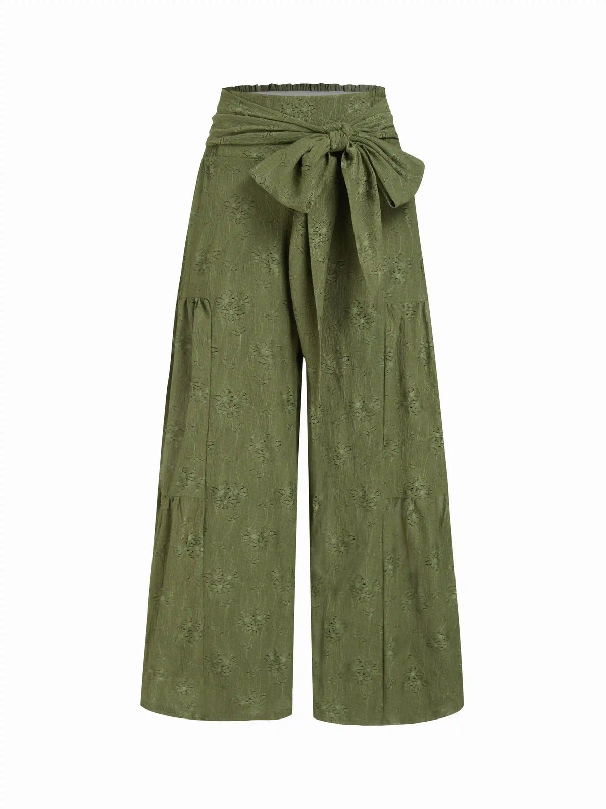 Lace Shirred Bowknot Straight Leg Trousers