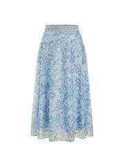 High Rise Floral Lace Panel Flared Maxi Skirt
