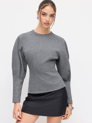 Cotton-blend Round Neckline Lantern Long Sleeve Cinched Waist Sweatshirt
