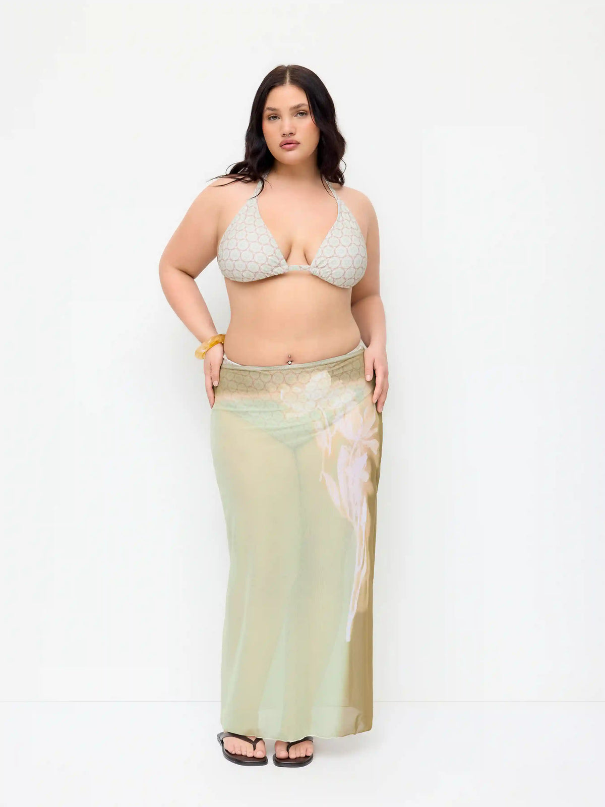 Halter Neckline Geometric Floral Triangle Bikini Set With Sheer Skirt Curve & Plus
