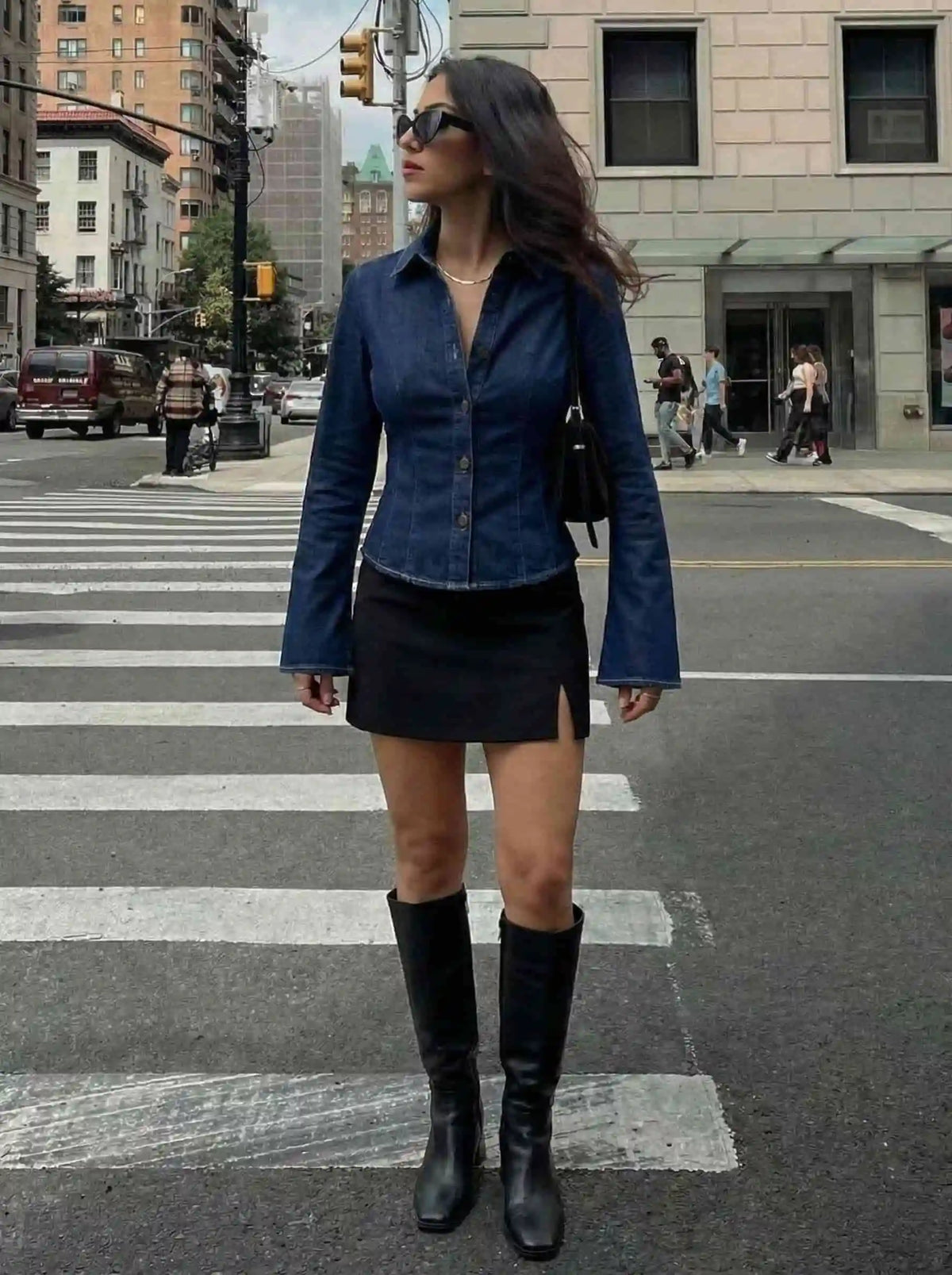 Denim Stand Collar Bell Sleeve Blouse