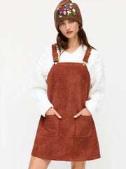 Suede Square Neck Buckle Up Pocket Mini Pinafore Dress