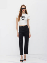 High Stretch Denim High Waist Pocket Cropped Straight Leg Jeans