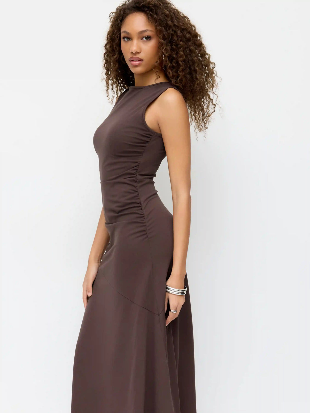Boat Neck Ruched Flared Maxi Dress