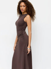 Boat Neck Ruched Flared Maxi Dress