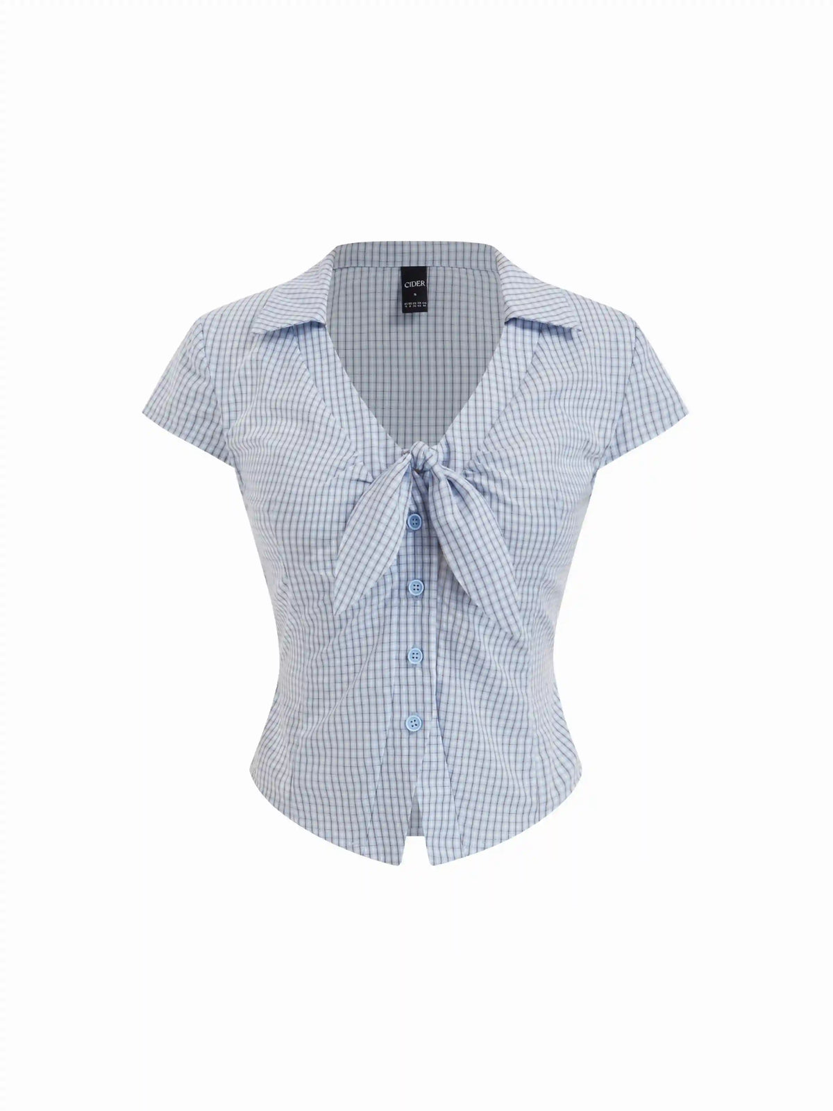 Cotton-blend Gingham Short Sleeve Twist Knotted Blouse