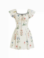 Cotton Floral Square Neck Cloak Sleeve Ruched Milkmaid Mini Dress