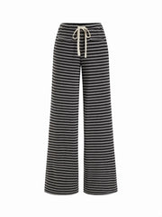 Mid Rise Stripe Drawstring Wide Leg Trousers