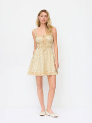 Cotton-blend Square Neck Ditsy Floral Lettuce Trim Knotted Mini Dress