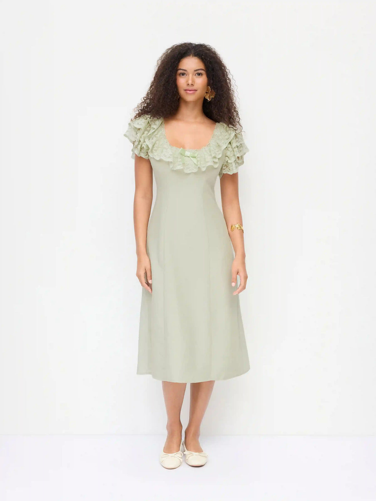 Linen-blend Scoop Neck Puff Sleeve Lace Bowknot A-line Midi Dress
