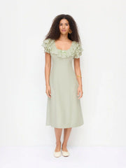 Linen-blend Scoop Neck Puff Sleeve Lace Bowknot A-line Midi Dress