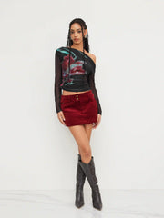 Asymmetrical Neck Floral Ruched Long Sleeve Top