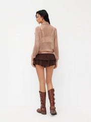 Knit High Neck Hollow Out Knotted Long Sleeve Top