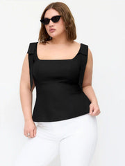 Linen-blend Square Neck Bowknot Blouse Curve & Plus