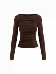 Wool-blend Knit Boat Neck Ruched Long Sleeve Top