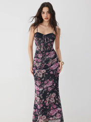 Mesh Sweetheart Neck Floral Ruched High Rise Maxi Dress