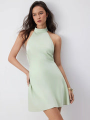 Satin Halter Neckline Backless Bowknot A-line Mini Dress
