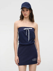 Terry Side Stripe Bowknot Embroidery Bandeau Mini Dress