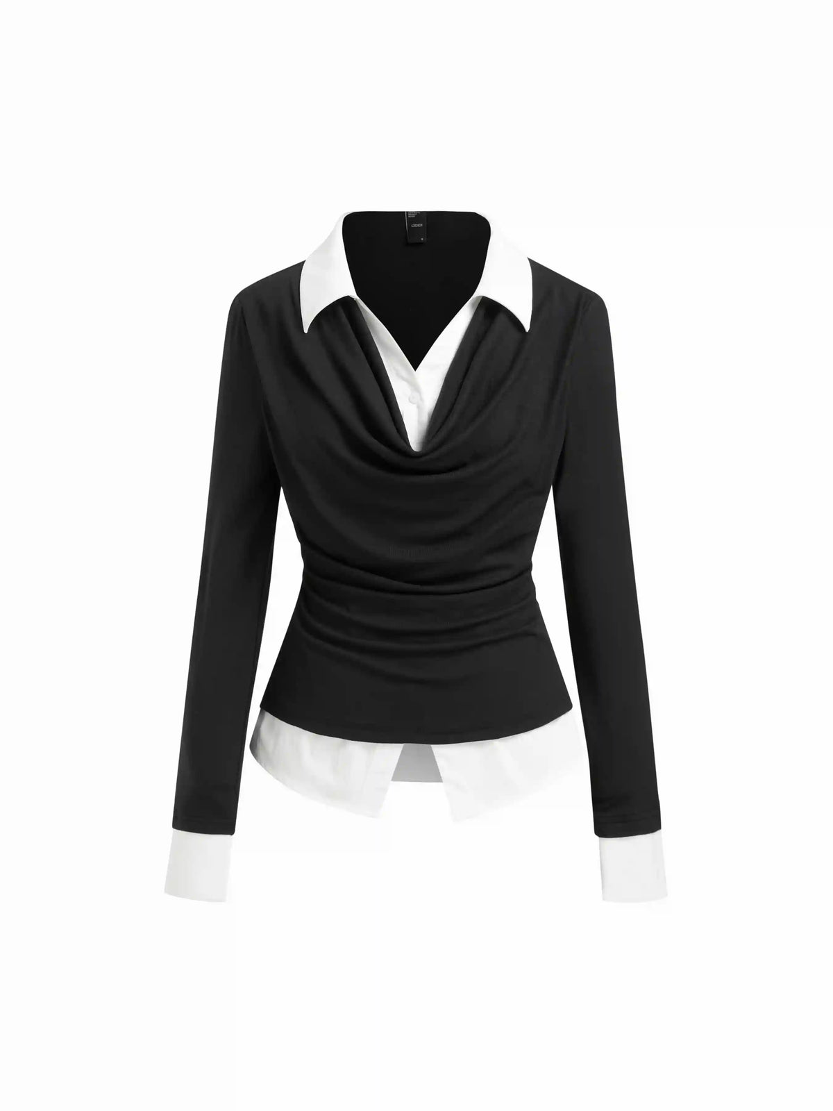 Cowl Neck Two Tone Ruched Long Sleeve Layered Top