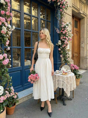 Mid Rise Ruched Shirred Maxi Flared Dress