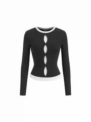 Cotton-blend Polka Dot Two Tone Cut Out Top