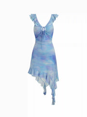 Mesh V-neck Abstract Cut Out Knotted Asymmetrical Ruffle Hem Maxi Dress