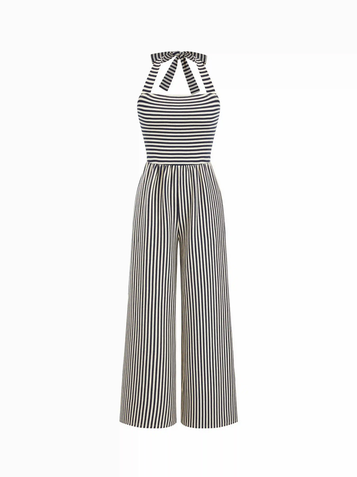 Cotton Halter Neckline Striped Knotted Jumpsuit