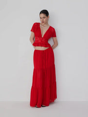 Chiffon Lace V-neck Top & Mid Rise Pleated Maxi Skirt Set