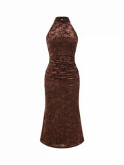 Velvet Halter Neckline Floral Ruched Midi Dress