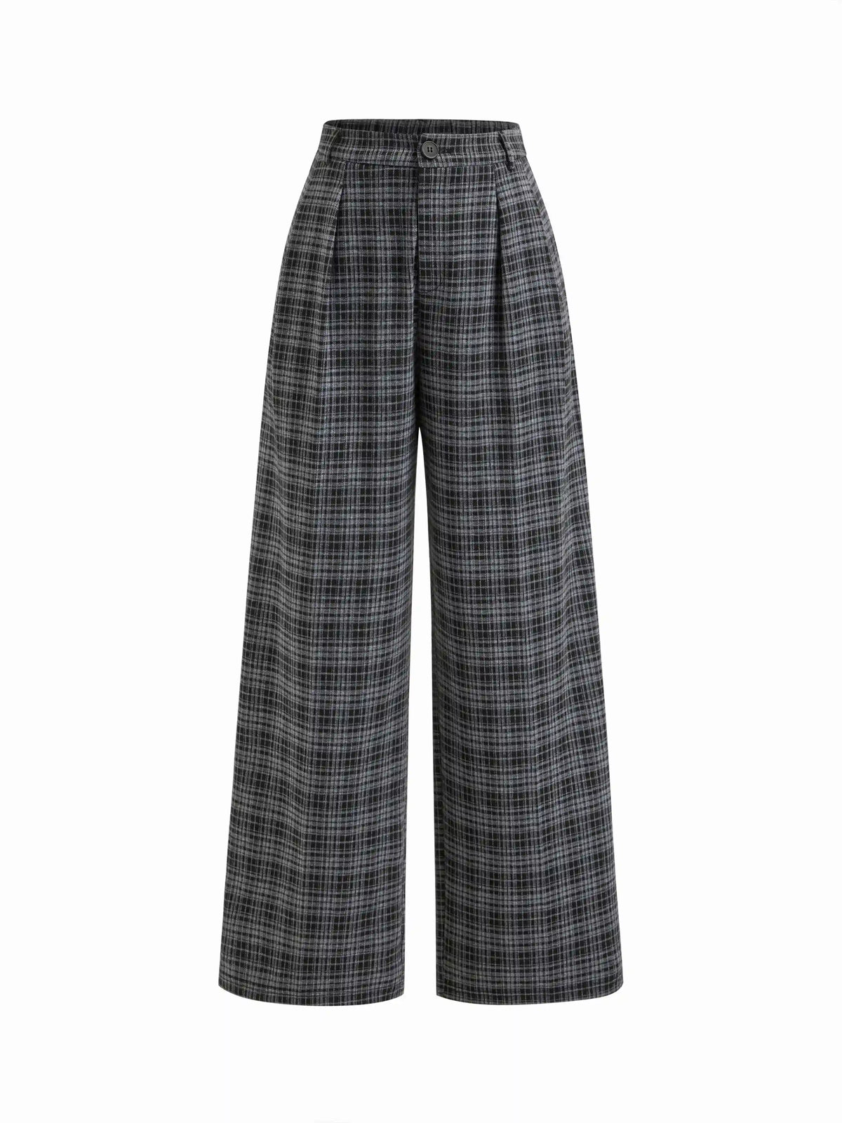 Mid Rise Plaid Pleated Wide Leg Trousers