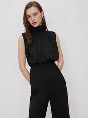 High Neck Solid Zipper Ruched Jumpsuit