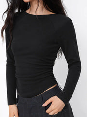 Thermal Cotton-blend Boat Neck Ruched Tee With Removable Padding
