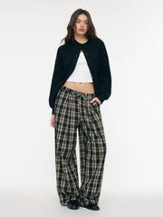 High Rise Elastic Waist Plaid Drawstring Wide Leg Trousers