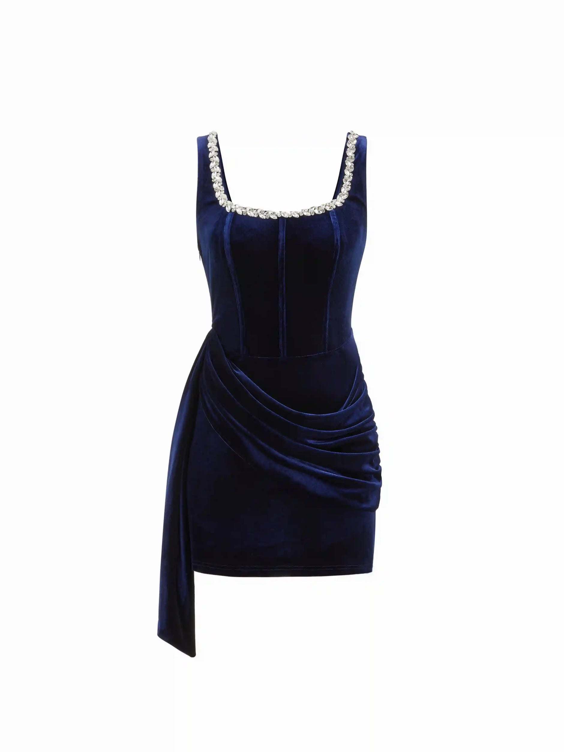 Velvet U-neckline Rhinestone Draped Ruched Corset Mini Dress