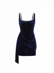 Velvet U-neckline Rhinestone Draped Ruched Corset Mini Dress