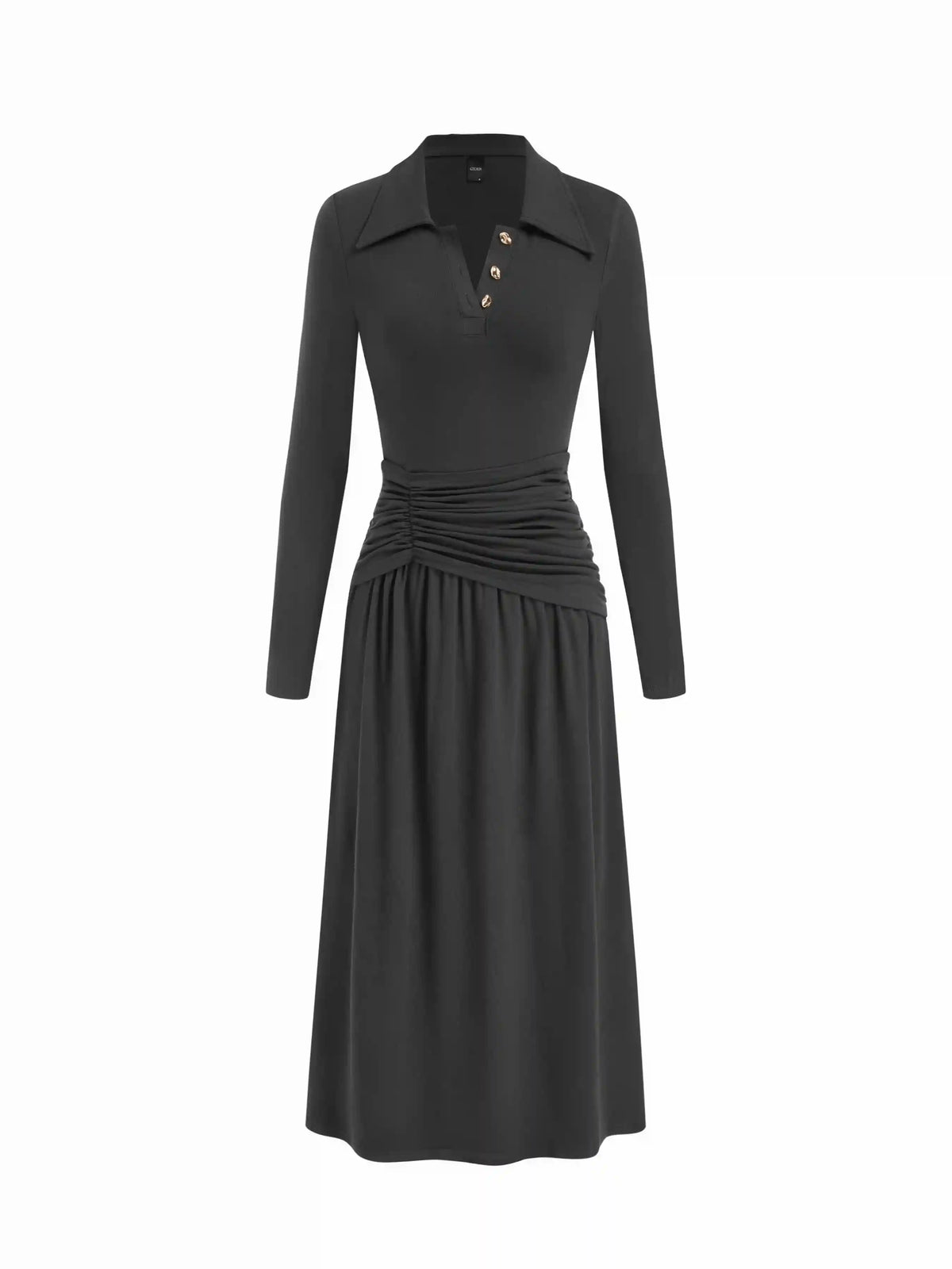 Collar Ruched Metal Button Long Sleeve Maxi Dress